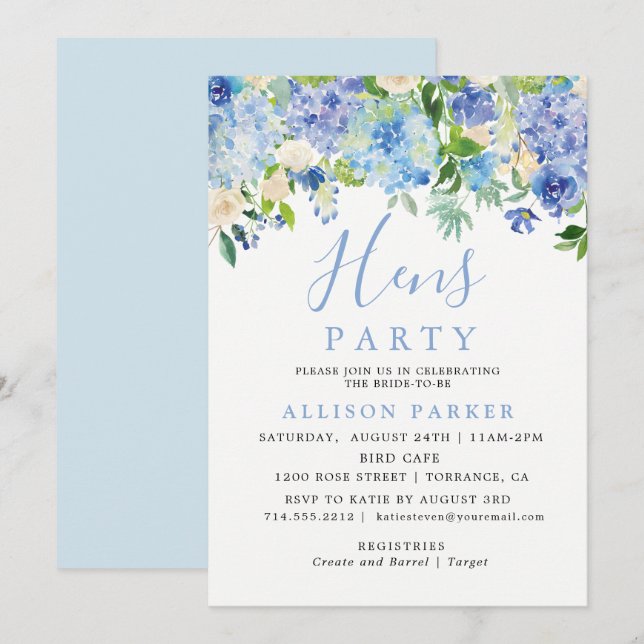 Blue Watercolor Hydrangea Floral Hens Party Invitation (Front/Back)