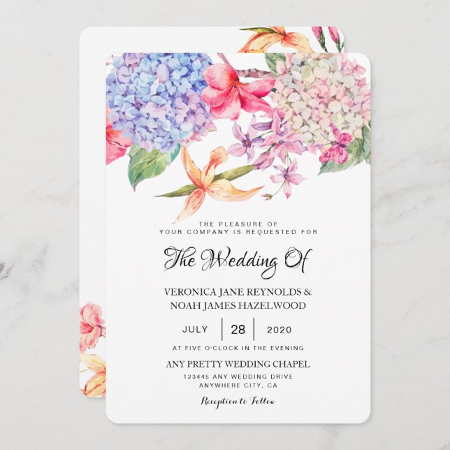 Blue Watercolor Hydrangea Floral wedding Invitation (Front/Back)
