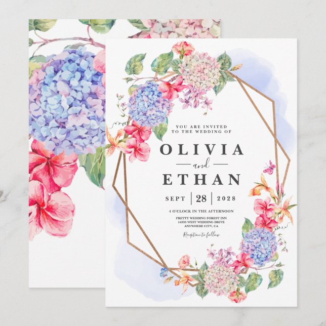 Blue Watercolor Hydrangea Floral wedding Invitation (Front/Back)