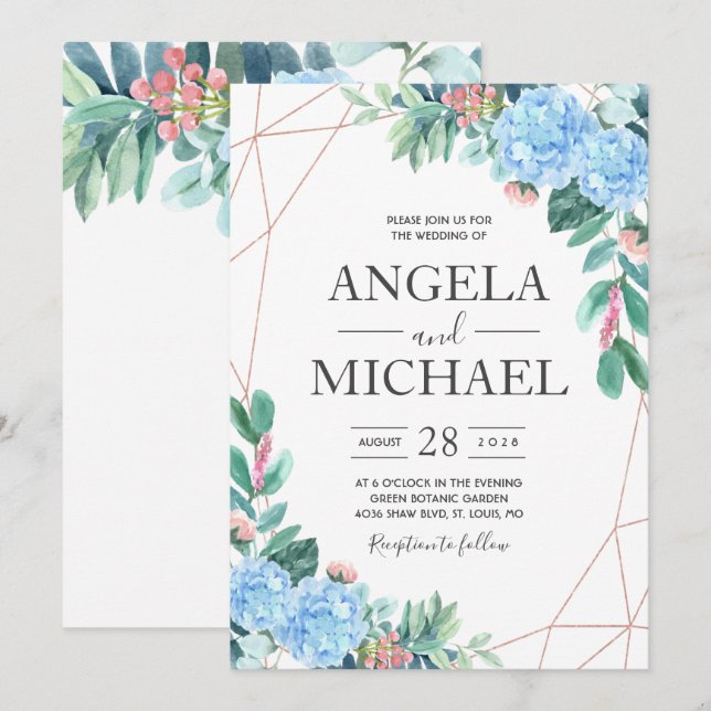 Blue Watercolor Hydrangea Floral wedding Invitation (Front/Back)