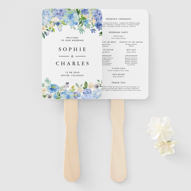 Blue Watercolor Hydrangea Floral Wedding Program Hand Fan (Front and Back)