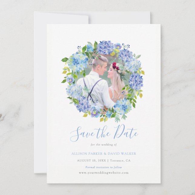 Blue Watercolor hydrangea Photo Save the Date Card (Front)