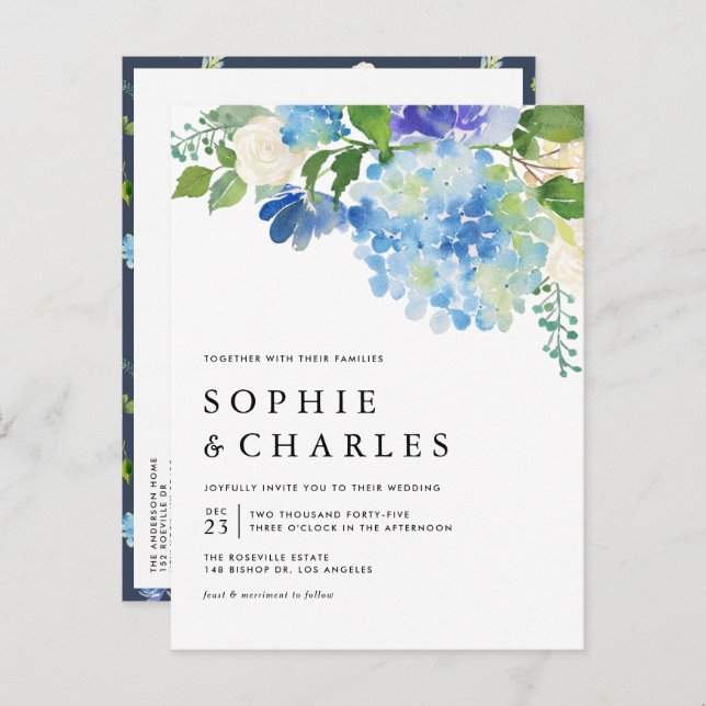 Blue Watercolor Hydrangea QR Code Wedding Invitation Postcard (Front/Back)