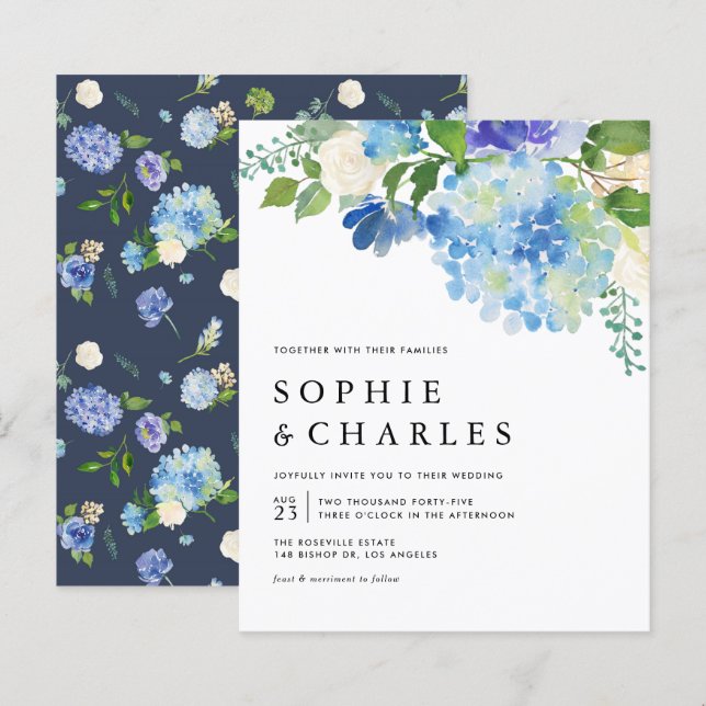 Blue Watercolor Hydrangea Wedding Invitation (Front/Back)