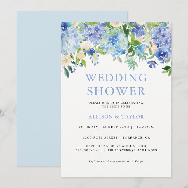 Blue Watercolor Hydrangea Wedding Shower Invitation (Front/Back)
