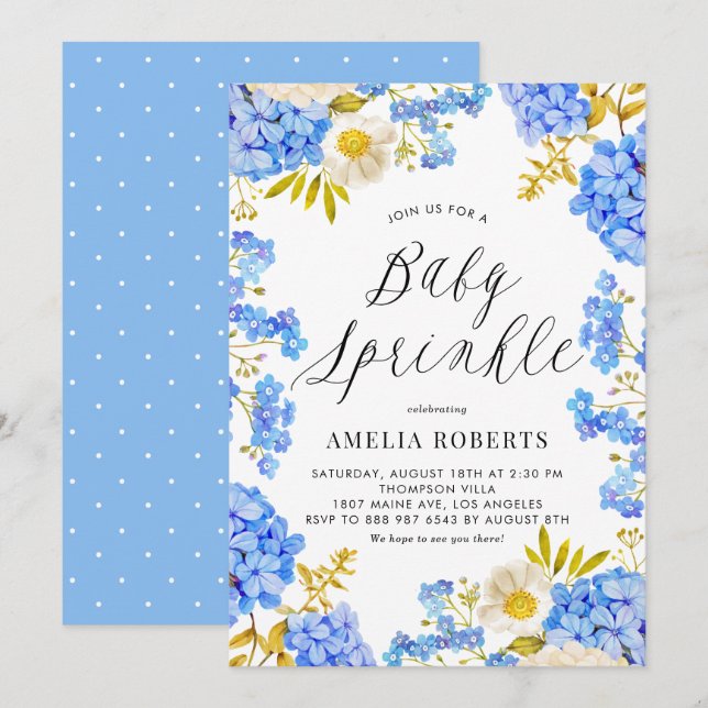 Blue Watercolor Hydrangeas Floral Baby Sprinkle Invitation (Front/Back)