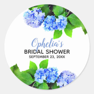 Blue Watercolor Hydrangeas Floral Bridal Shower Classic Round Sticker