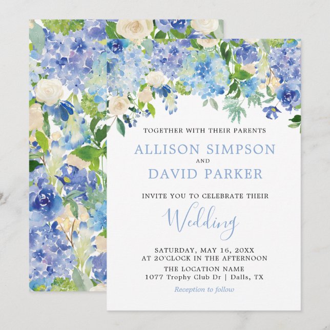 Blue Watercolor Hydrangeas Floral Wedding Cards (Front/Back)