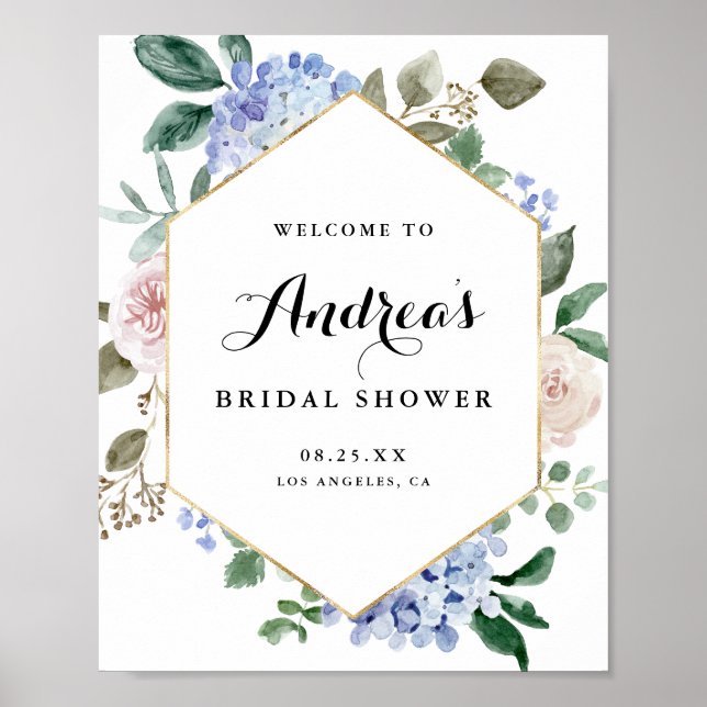 Blue Watercolor Hydrangeas Gold Foil Bridal Shower Poster (Front)