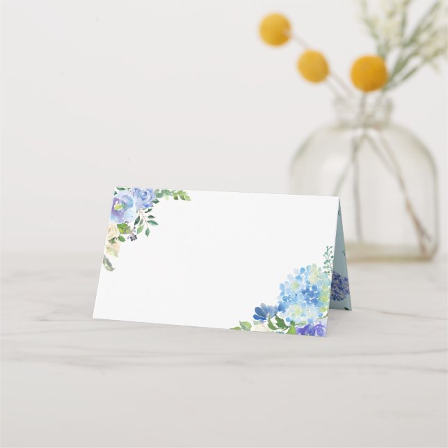 Blue Watercolor Hydrangeas & Roses Borders Wedding Place Card (Front)
