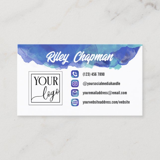 Blue Watercolor Icons Add Logo & Photo Business Card (Front)