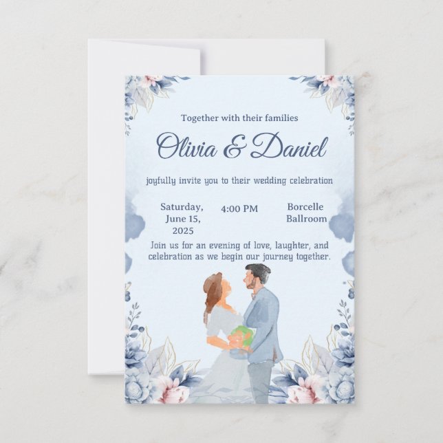 Blue Watercolor Illustration Wedding Invitation (Front)