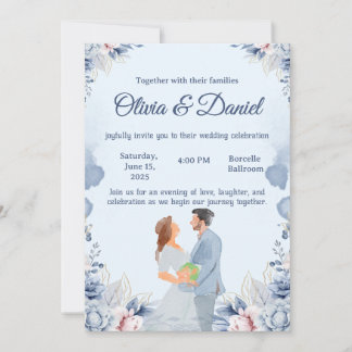 Blue Watercolor Illustration Wedding Invitation