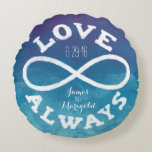 Blue Watercolor Infinity Love Wedding Date, Names Round Cushion<br><div class="desc">Celebrate the infinite love between your favourite bride and groom with this customisable round pillow! A white infinity symbol and “Love Always” text surrounds a couple's names and wedding date on a watercolor background painted in shades of blue and purple. Makes a beautiful,  modern,  personalised gift.</div>