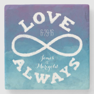 Blue Watercolor Infinity Love Wedding Date, Names Stone Coaster