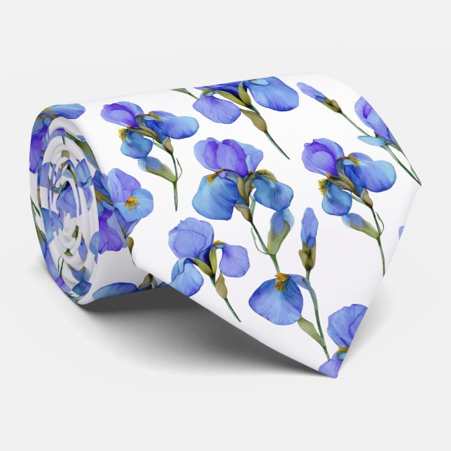 Blue Watercolor Iris Flower Pattern Tie (Rolled)