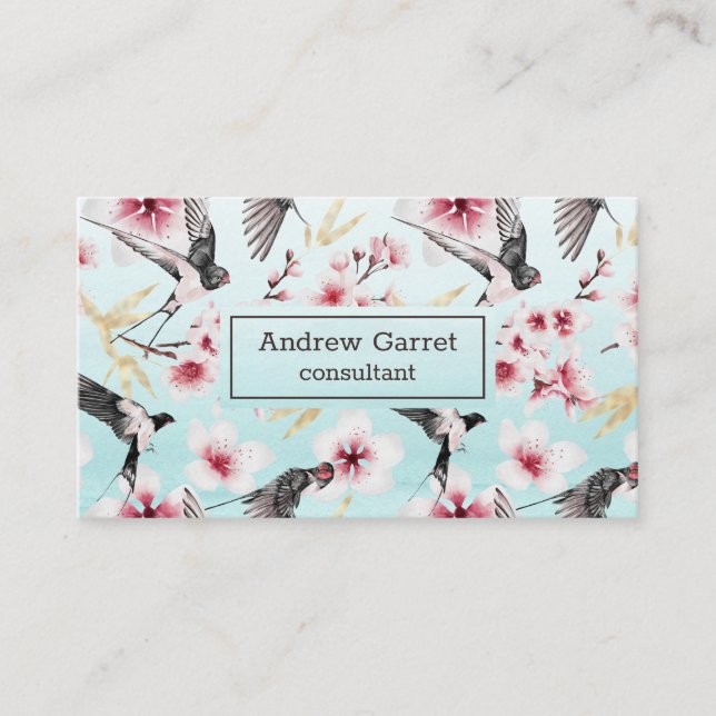 Blue Watercolor Japanese Swallow Cherry Blossom Business Card (Front)