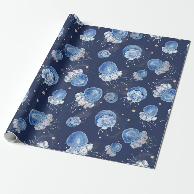 Blue Watercolor Jellyfish   Wrapping Paper (Unrolled)
