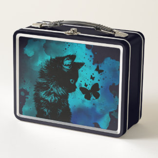 Blue watercolor Kitten with Butterfly Metal Lunch Box