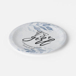 Blue Watercolor Leaf Botanical Floral Baby Shower Paper Plate