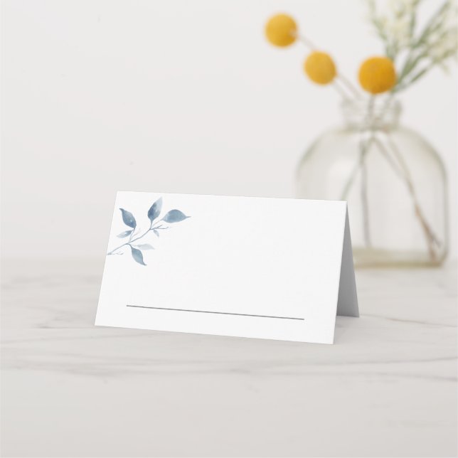 Blue Watercolor Leaf Folded Place Card (Back)