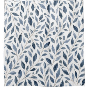 Blue Watercolor Leaves Botanical Shower Curtain