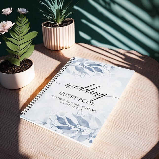 Blue Watercolor Leaves Botanical Wedding Guestbook Notebook (Creator Uploaded)
