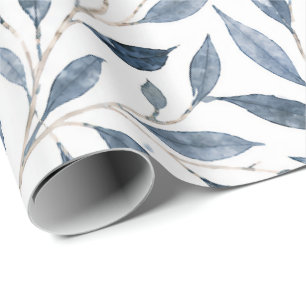 Blue Watercolor Leaves Botanical Wrapping Paper