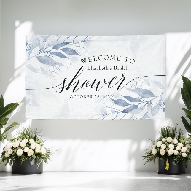 Blue Watercolor Leaves Chic Bridal Shower Welcome Banner (Creator Uploaded)