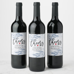 Blue Watercolor Leaves Chic Wedding Cheers to Love Wine Label