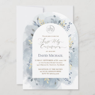  blue watercolor leaves First Holy Communion  Invitation