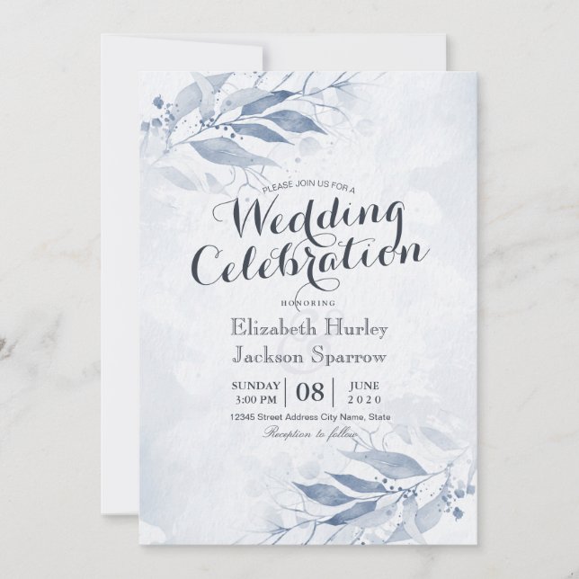 Blue Watercolor Leaves Flowers Botanical Wedding Invitation (Front)