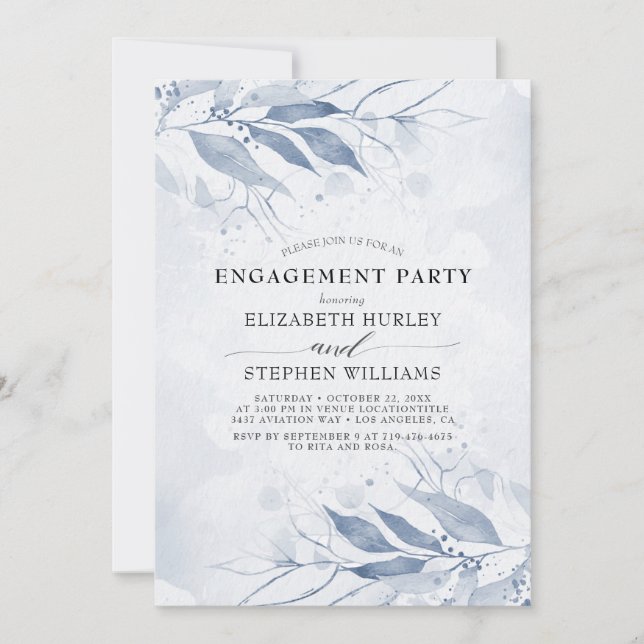 Blue Watercolor Leaves Flowers  Engagement Party Invitation (Front)