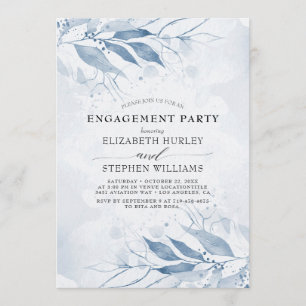 Blue Watercolor Leaves Flowers  Engagement Party Invitation