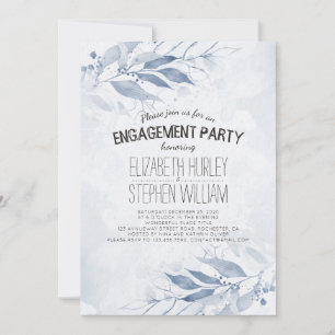 Blue Watercolor Leaves Flowers  Engagement Party Invitation
