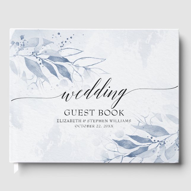 Blue Watercolor Leaves Flowers Wedding Guestbook (Front)