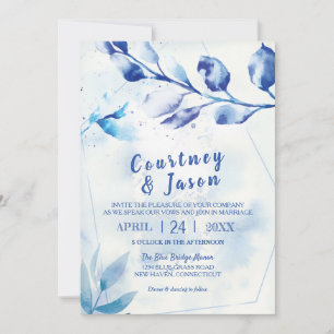 Blue Watercolor Leaves Rustic Wedding Invitation