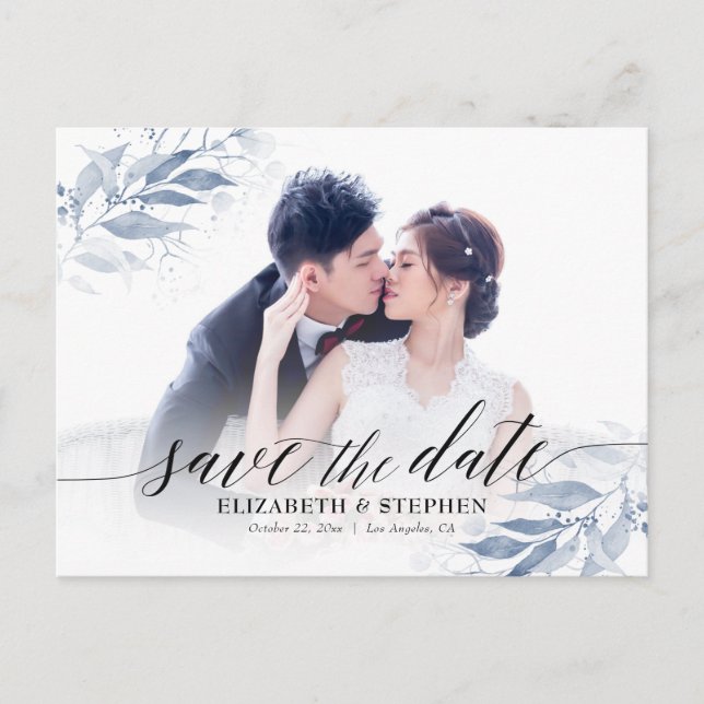Blue Watercolor Leaves Wedding Save Date Photo Postcard (Front)