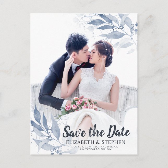 Blue Watercolor Leaves Wedding Save The Date Photo Postcard (Front)