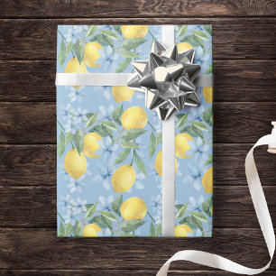 Blue Watercolor Lemon and Flowers Wrapping Paper