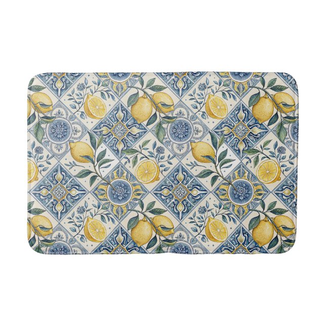 Blue Watercolor Lemon Bath Mat (Front)