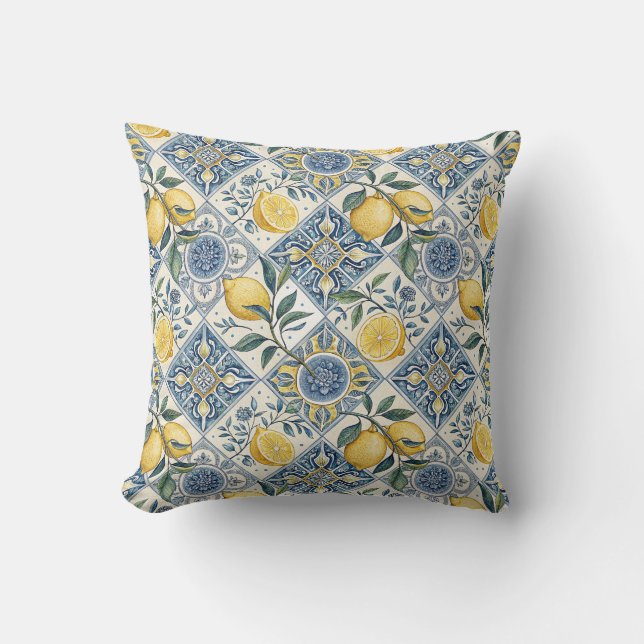 Blue Watercolor Lemon Cushion (Front)