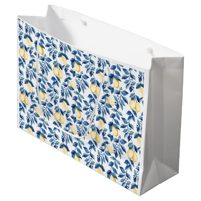 Blue Watercolor Lemon Large Gift Bag (Front Angled)