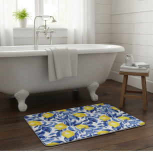 Blue Watercolor Lemon Pattern  Bath Mat