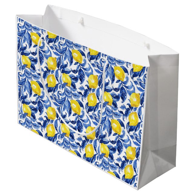 Blue Watercolor Lemon Pattern  Large Gift Bag (Back Angled)