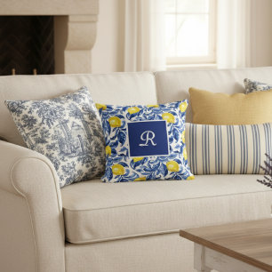 Blue Watercolor Lemon Pattern Monogram Cushion