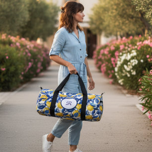 Blue Watercolor Lemon Pattern Monogram Duffle Bag