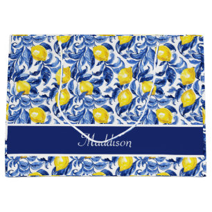 Blue Watercolor Lemon Pattern Monogram Name Large Gift Bag