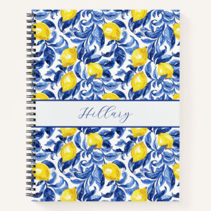 Blue Watercolor Lemon Pattern Monogram Name Notebook