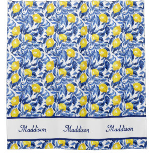 Blue Watercolor Lemon Pattern Monogram Name Shower Curtain